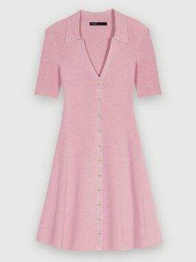Maje Sparkly Ribbed Knit Dress Mini Button Up Pink V-Neck Size FR 36 US Small